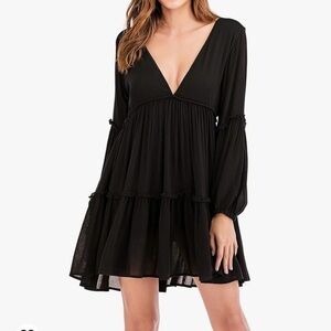 NWT R.Vivimos Women's Long Sleeve Ruffle Deep V Neck Backless Casual Swing Dress